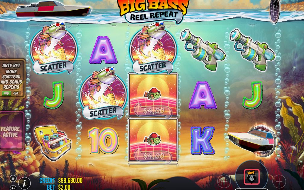 Free Spins screen with FISHERMAN WILD on all five reels